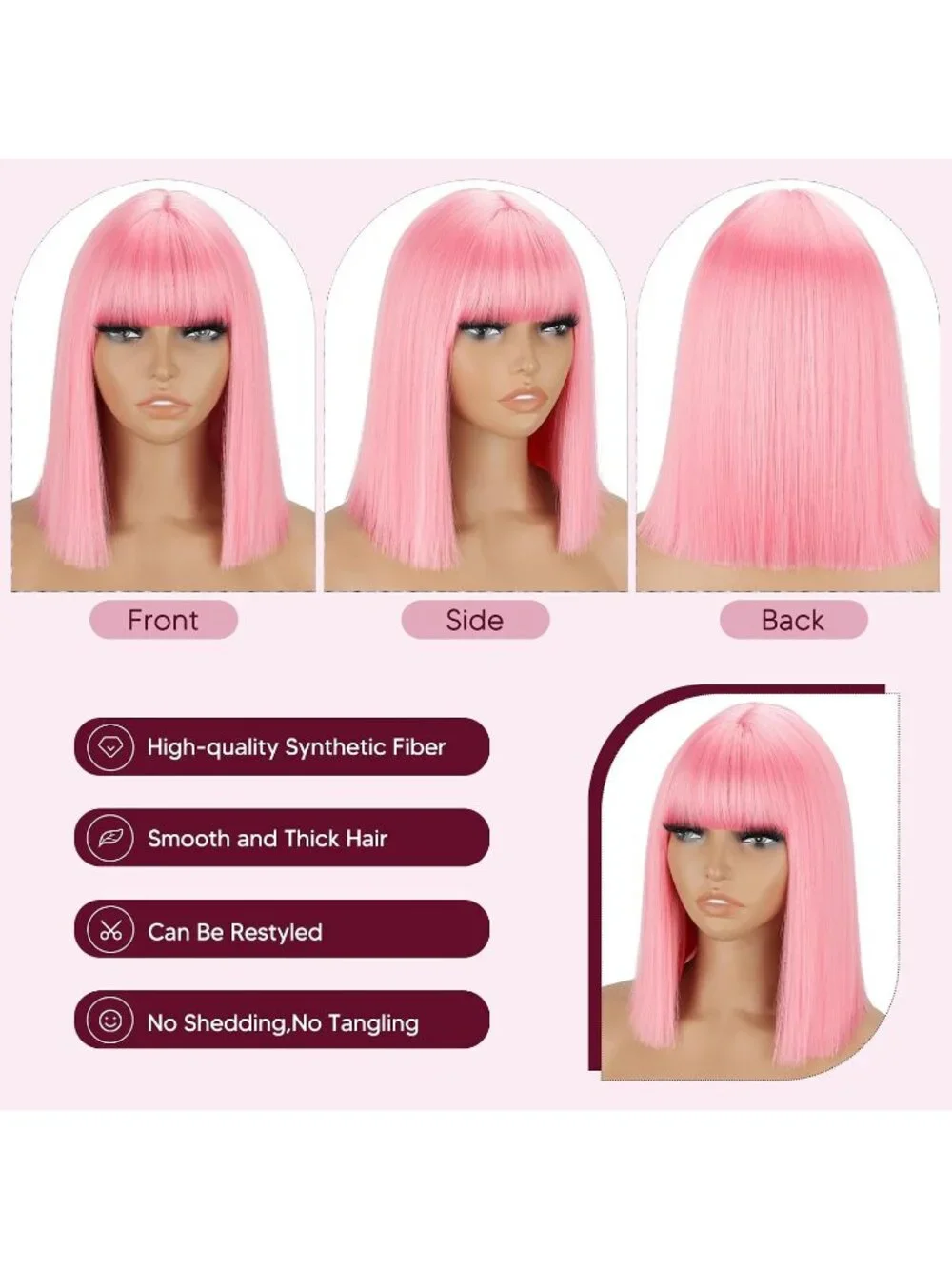 Women's Pink 11 Inch Heat Resistant Synthetic Short Straight Wigs Bangs
